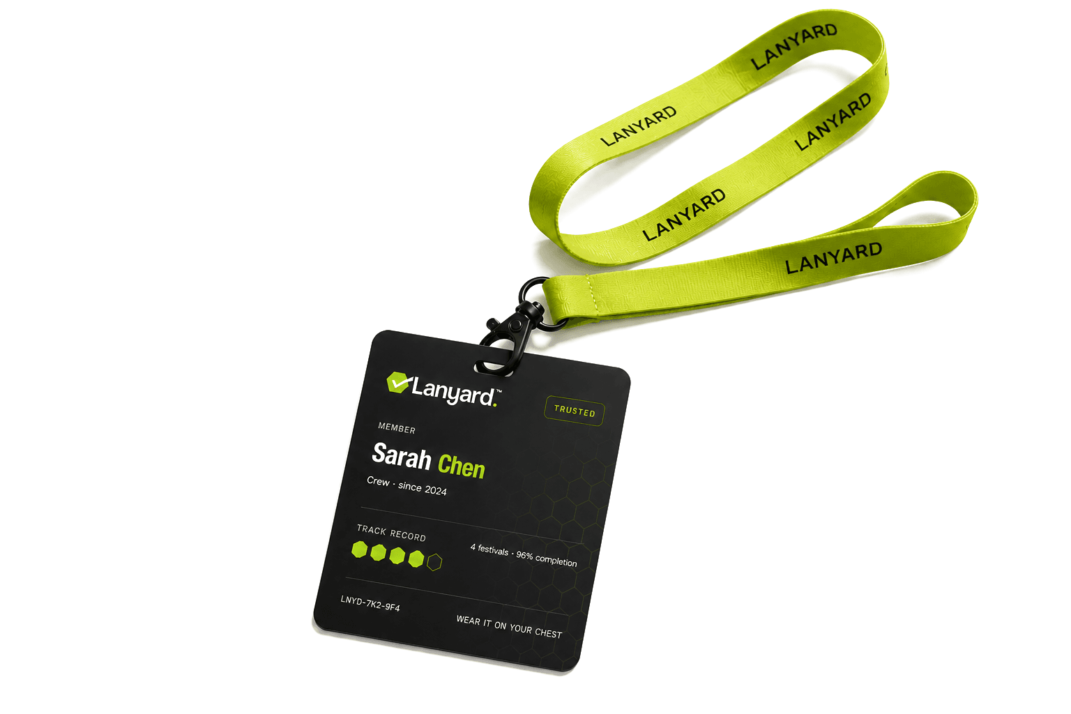 Lanyard pass card — Sarah Chen, Trusted, 4 festivals · 96% completion