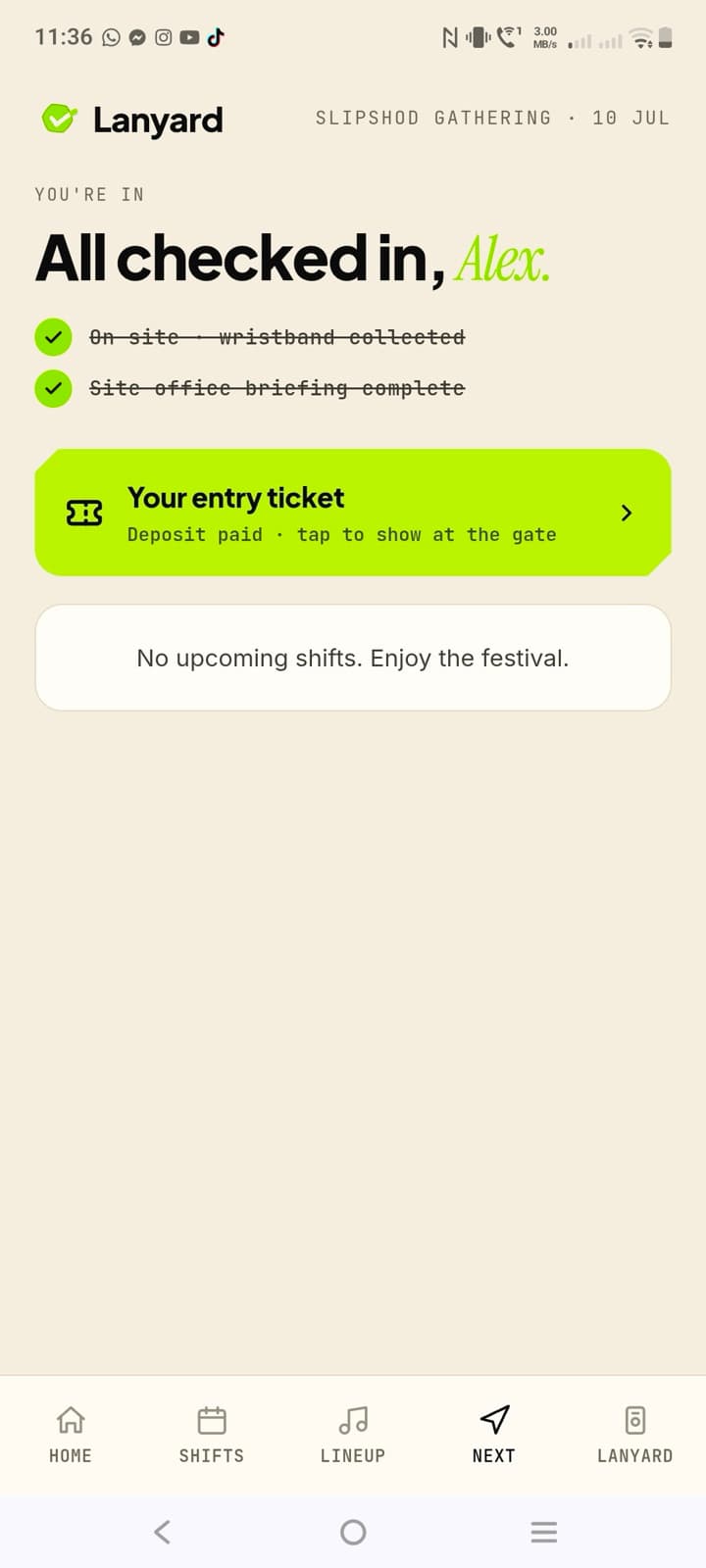 The Lanyard app: all checked in, wristband collected, entry ticket ready
