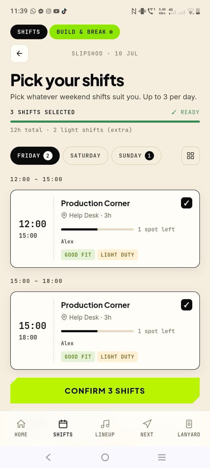A volunteer picking their weekend shifts in the Lanyard app